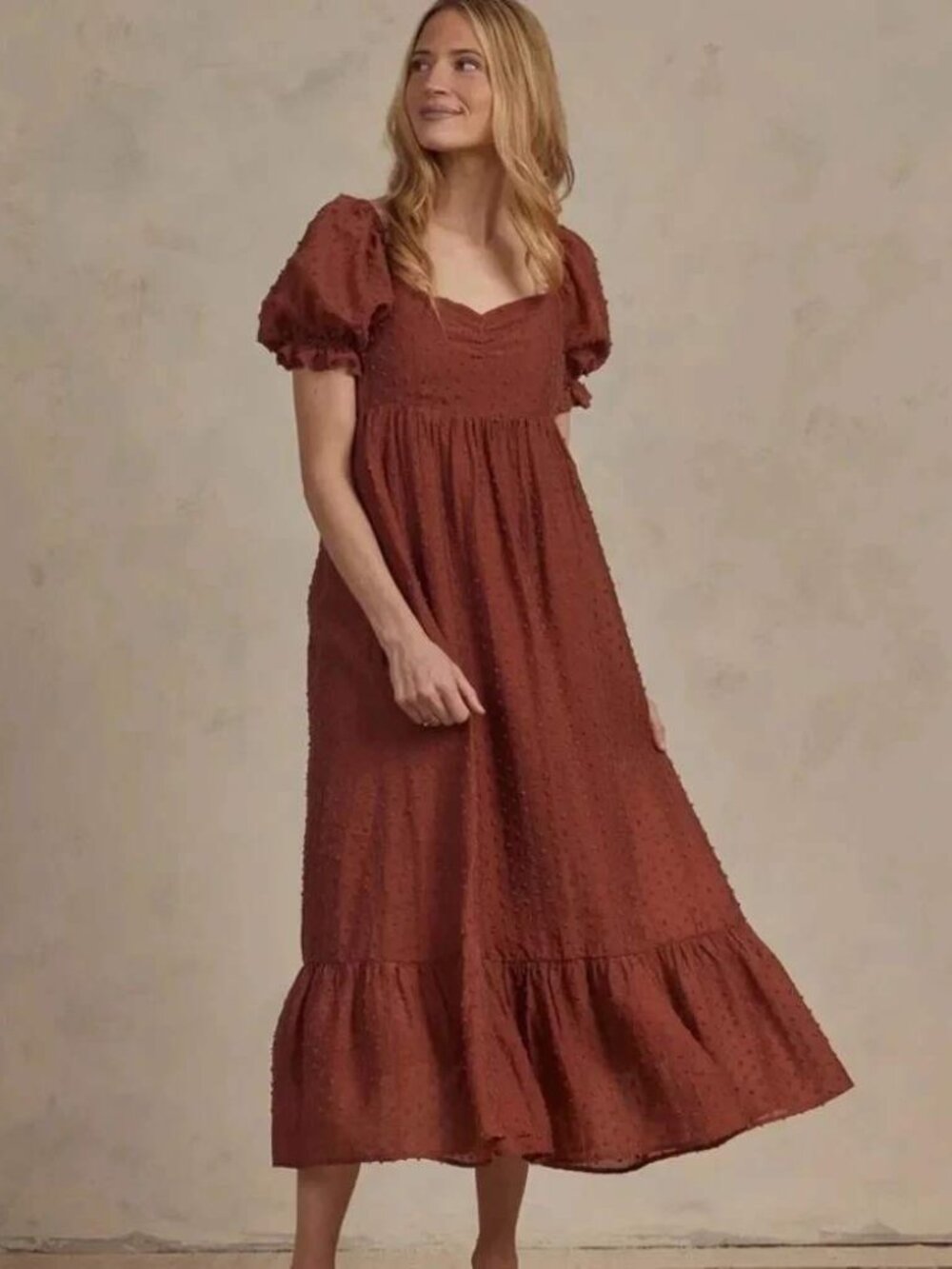 Noralee Chloe Maxi Dress L Rust Reddish Brown Sheen Swiss Dot Cottagecore Fall